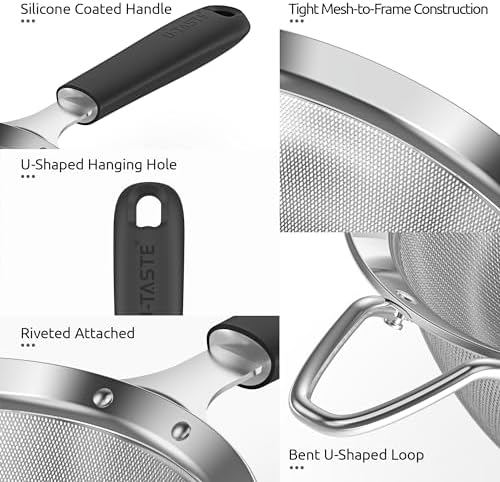U-Taste 18/8 Stainless Steel 3.35in Medium Fine Mesh Strainer and 12.6in Stainless Steel Danish Dough Whisk (Black) - Image 6