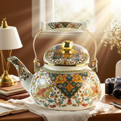 Enamel Tea Kettle 2.5L Vintage Gold Floral Stovetop Teapot Non-Whistling - Image 7