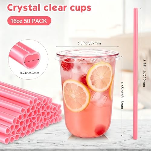 Ziliny 50 Sets 16oz Pink Plastic Cups with Heart Shaped Straws and Lids - Image 4