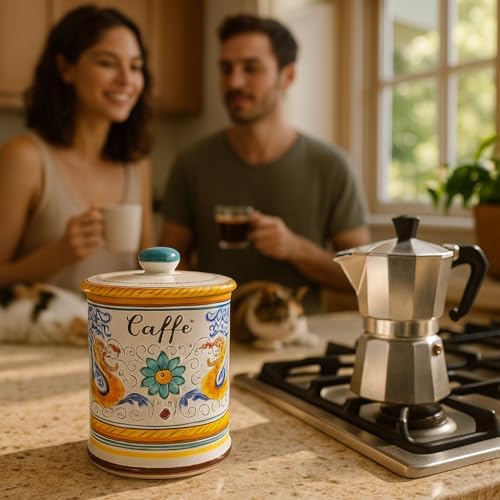 Deruta Italy Raffaellesco Coffee Jar | 1 Piece | 4 x 4 x 6 Inch Multicolor Hand Painted Ceramic Storage Canister Airtight Lid Kitchen Italian Pottery Renaissance Decor Countertop Pantry Organizer Gift - Image 2