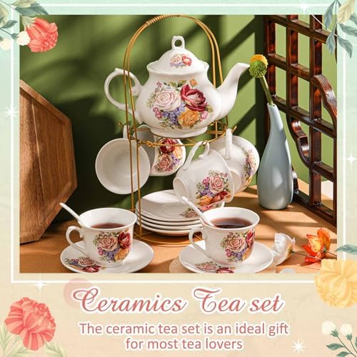 Zhehao 20 Pcs Porcelain Tea Set for Adult, with Metal Holder, Groovy - Image 3