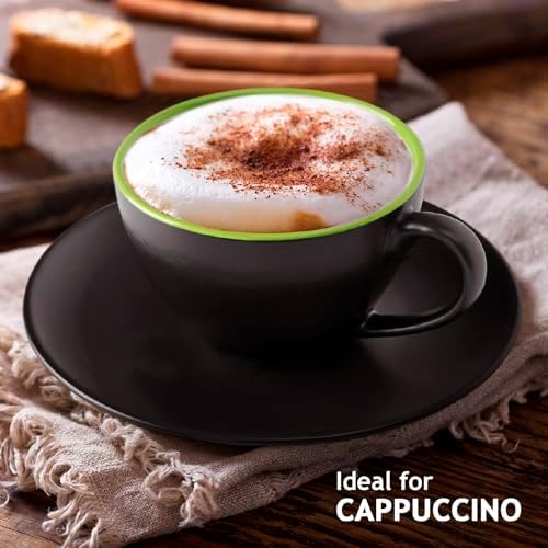 MIAMIO - Set of 6, Ceramic Stackable Cappuccino Cups Set / 6 Ounce Cappuccino Mugs and Saucer with Metal Stand for Coffee Drinks, Cafe, Latte, Americano and Tea - Le Papillon Collection (Green) - Image 4
