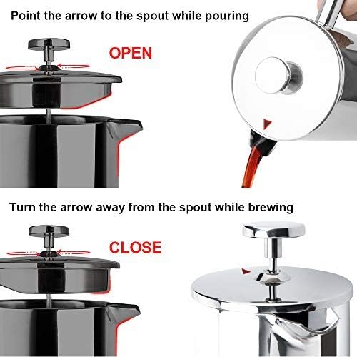 Secura Bundle Stainless Steel French Press Coffee Maker with 6 Replacement Screens, 34 Ounces, Silver - Image 4