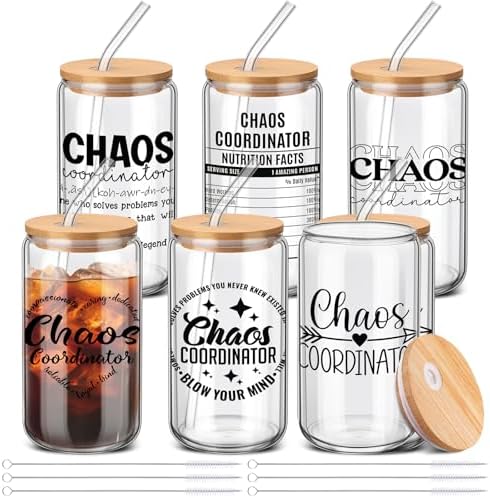 SiliFine 6 Pcs Chaos Coordinator Glass Cups, 16 oz with Lids by SiliFine