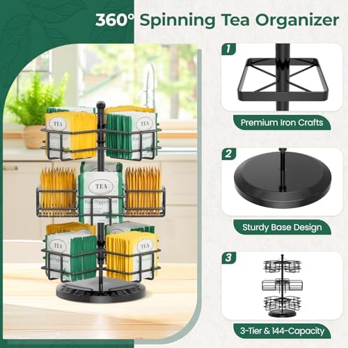 EsLuker.ly Tea Bag Holder Organizer for Counter, 3 Tier Metal Black - Image 3