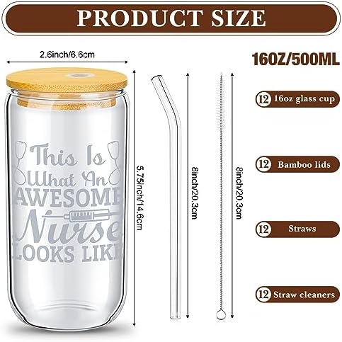 Uiifan 12 Pcs Nurse Gifts for Women 16 oz Can Shaped Glass Cups with Lids and Straw Funny Nurses Week Appreciation Gifts Nurse's Day Gift for Christmas Graduation Birthday School Supplies(Stylish) - Image 2