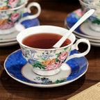 fanquare 21-Piece Blue Lace Porcelain Tea Set, China Coffee Cup and Saucer Set for 6, Pink Flower Tea Sets for Adults Women - Image 6