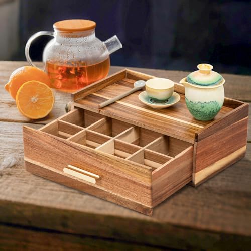 Tea Bag Organizer, Acacia Wood Tea Organizers and Storage Box, Tea Bag Holder Station Caddy Container for Countertop, Tea Accessories Gift Box with Drawer - Image 5