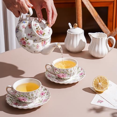 Small Ceramic Floral Teapot，22oz Tea Pot with Infuser for Blooming and Loose Tea, Coffee，milk (Little flowers, With tea strainer) - Image 4
