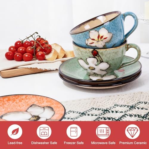 8 Oz Floral Porcelain Cappuccino Cups with Saucers Set of 4, Stoneware Tea Coffee Mugs for Home Kitchen & Office, Dishwasher Microwave Oven Safe, for Espresso, Latte, Americano, Milk & Tea, Mix - Image 4