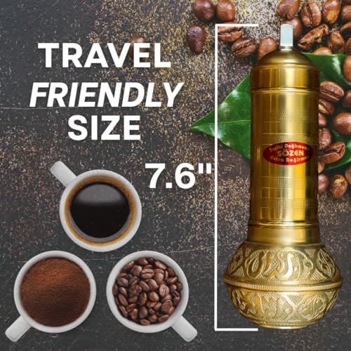 Sozen Manual Coffee Grinder Brass - Adjustable Hand Crank Burr Mill for Turkish Coffee, Espresso & French Press (7.6 Inch – Classic Brass) - Image 3