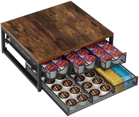Coffee Pod Holder For Counter, 3 Pull-Out 72 K-Cup Holder Drawer, Wooden Cafe Pods Storage Organizer with Sliding Drawers for Coffee Station, Home, Kitchen, Office, Dorm (Antique Finish) by NEYCIL