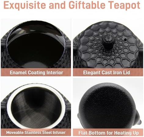20.3oz Small Cast Iron Teapot, SECHUDO Cast Iron Tea Kettle for Stovetop Safe Coated with Enameled Interior, Cast Iron Tea Pot with Stainless Steel Infuser for Loose Tea (Black Honeycomb Pattern) - Image 5