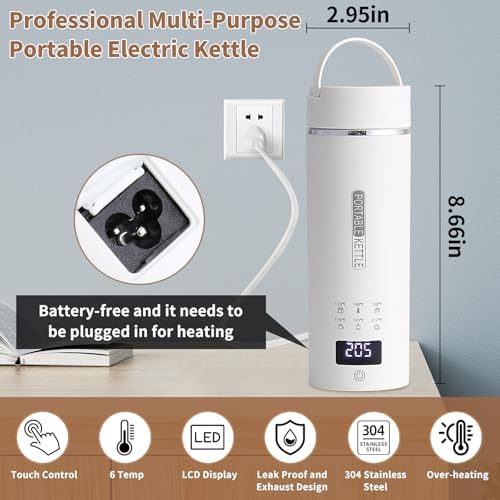 Compact Portable Electric Kettle, LCD Display with 6 Temperature Settings, 304 Stainless Steel, 450ml/15.2oz, Auto Shut-Off and Boil-Dry Protection, Travel Electric Kettle Teapot, White - Image 2