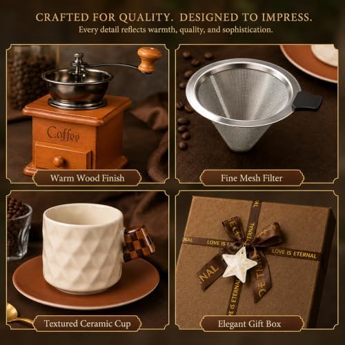 Manual Coffee Grinder Gift Set with Pour Over Filter, Mug, Brush & Gift Box - Image 6