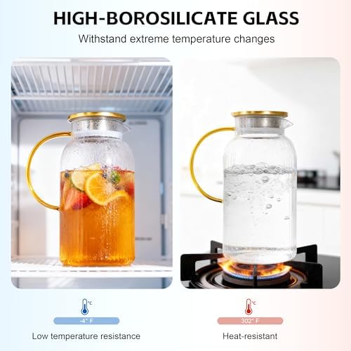 2 Pack Glass Pitcher with Lid, 68oz/2L Heat Resistant Borosilicate Pitcher - Image 4