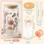 Mumufy 8 Sets Vintage Flower Glass Cups with Lids Straws Bulk, 16 Oz - Image 2