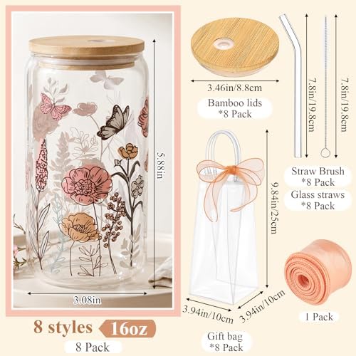 Mumufy 8 Sets Vintage Flower Glass Cups with Lids Straws Bulk, 16 Oz - Image 2