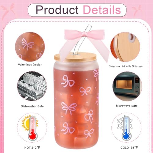 6 Sets 16oz Bow Glass Cups with Bamboo Lids Straws Tumbler,Pink - Image 7