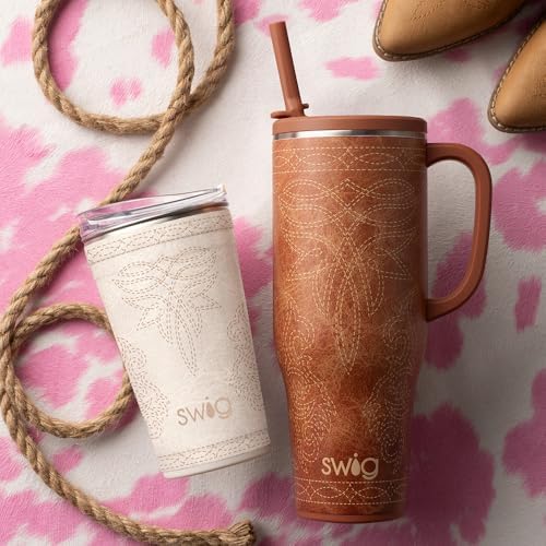 Swig Life 24oz Insulated Party Cup with EZ Slider Lid, Saddle Stitch Cream - Image 3