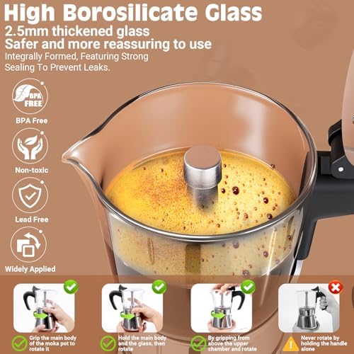 6 Cup 300ml Glass Moka Pot, Stovetop Espresso Maker, Silver - Image 3