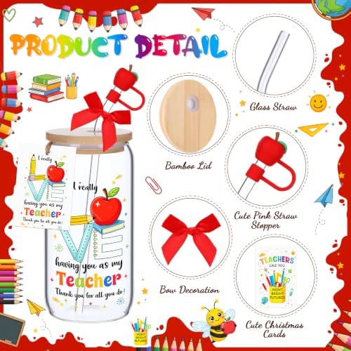 Vesici 6 Set Teacher Appreciation Gifts Thank You Glasses Cups 16 oz Drink Cup with Lid Straw and Stopper Can Shaped Beer Tumbler Christmas Appreciation Gifts with Cards and Bow for Party Favor - Image 4