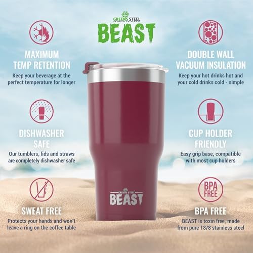 Beast 30 oz Tumbler Stainless Steel Vacuum Insulated Coffee Ice Cup Double Wall Travel Flask (Cranberry Red) - Image 6