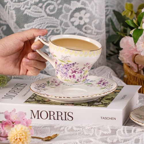 KAMMAK Tea Cups and Saucers Set of 2, 7.4 oz Porcelain Coffee Cups, 573N - Image 2