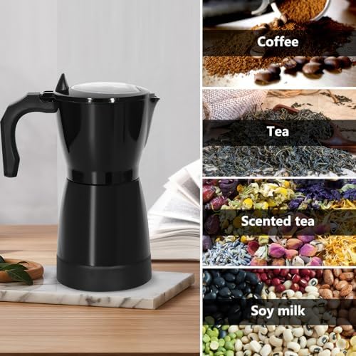 Coffee Pot Electric Espresso Coffe Maker, 300ml 6 Cups Aluminum Moka Pot with Overheat Protection and Detachable Base, Portable Italian Moka Maker, 450W, Black - Image 5