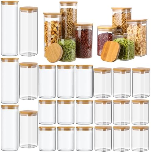Qinyoung 24 Pcs Glass Storage Jars Square Round Food Storage Containers with Airtight Bamboo Lids Glass Canisters Pantry Jars Seasoning Organizer for Kitchen Spice Flour Cookie Coffee Beans Pasta by Qinyoung