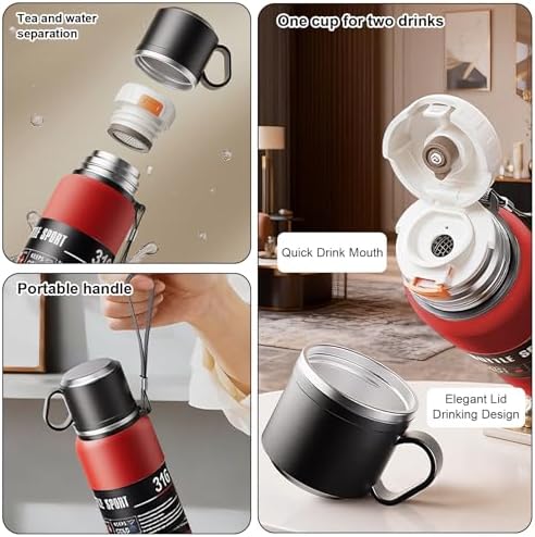 Upgrade 3in1 Water Bottles with Travel Mug Coffee Cup Cap, Tea Infuser,Carrying Loop,Thermal Wide Mouth Bottle, Vacuum Insulated 316 Stainless Steel Flask Leak Proof,BPA-Free (red, 1980ml) - Image 3