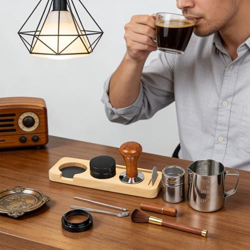 28PCS Espresso Accessories Kit,54mm Espresso Tamper Tools,Includes Wood Station,Distributor,Stirrer,Dosing Funnel,Brush,Puck Screen,Frothing Pitcher,Latte Pen,Powder Ring,Towel,Decorative Stencils - Image 7