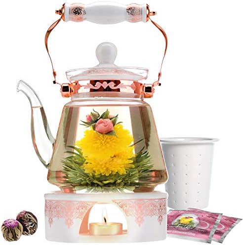 Teabloom Buckingham Palace Teapot & Flowering Tea Gift Set (6 Pieces) - Stovetop Safe Glass Teapot (40 OZ / 1.2 L / 4-5 CUPS), Porcelain Lid, Tea Warmer, Loose Tea Infuser, 2 Gourmet Rose Tea Flowers by Teabloom