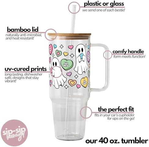 Sip-Sip Hooray! Ghost Candy Heart 40oz Glass Tumbler with Lid and Straw - Image 4