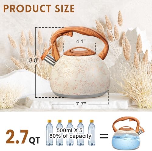 GGC Tea Kettle for Stove Top, Loud Whistling Kettle for Boiling Water Coffee or Milk, 3.1 Quart Stainless Steel Art Line White Pot with Wood Pattern Handle, Unique Button Control Outlet - Image 3