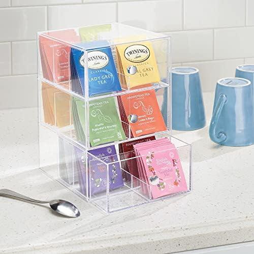 mDesign Plastic Wide Kitchen Pantry, Cabinet, Countertop Organizer Storage Station with 3 Drawers for Coffee, Tea, Sugar Packets, Sweeteners, Creamers, Drink Pods, Packets; 18 Sections - Clear - Image 2