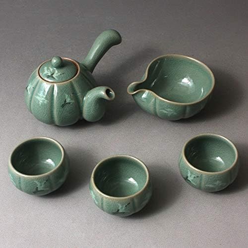 Korean Style Celadon Porcelain Pumpkin Bird Cloud Design Tea Ceremony Complete Service Gift Set Ceramic Pottery 11.8 oz (350ml) Side Handle Tea Pot Cups Teapot Pitcher Bowl for Cooling Hot Water - Image 4