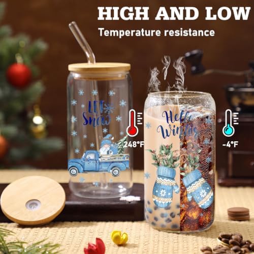 Teenyyou 12 Sets Christmas Glasses Cups with Bamboo Lid and Glass Straw, 16 oz Blue Winter Gnome Snowman Glass Jar Drinking Cups, Festive Elk Christmas Tree Coffee Cup for Xmas Holiday Party Gifts - Image 4