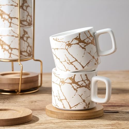 LUKA Porcelain Espresso Cup with Saucer and Metal Stand, 4 Ounce Stackable Ceramic Demitasse Espresso Mugs Cups Set for Latte,Coffee,Cafe Mocha,Tea(Set of 4),Marbling White - Image 6