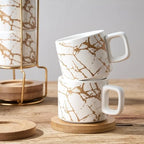 LUKA Porcelain Espresso Cup with Saucer and Metal Stand, 4 Ounce Stackable Ceramic Demitasse Espresso Mugs Cups Set for Latte,Coffee,Cafe Mocha,Tea(Set of 4),Marbling White - Image 6