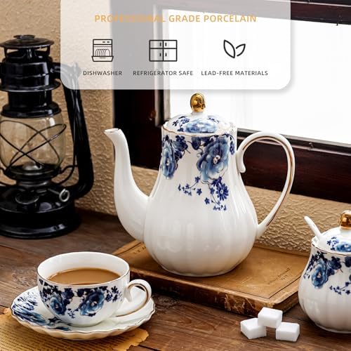 Agyiuns Tea Pot, Porcelain Teapot 37oz,tea pots for tea party,Tea Infuser Pots for Blooming loose Leaf Tea (White with blue flower) - Image 3