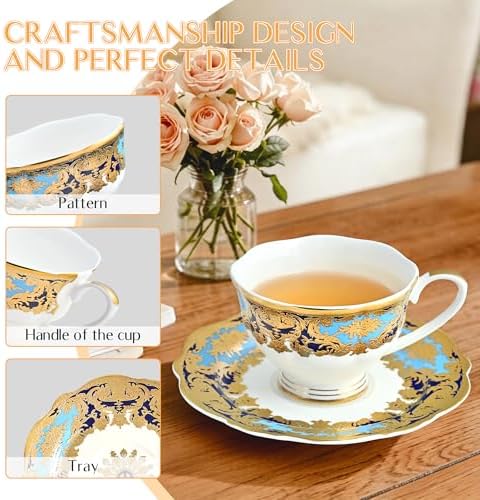 Luxury White & Gold Embossed Tea Cups and Saucers with Teapot, Sugar Bowl, & &Creamer, Vintage European Porcelain Coffee Set for Tea Party, Wedding, Gift (Turquoise&Gold, 4pcs/set) - Image 4