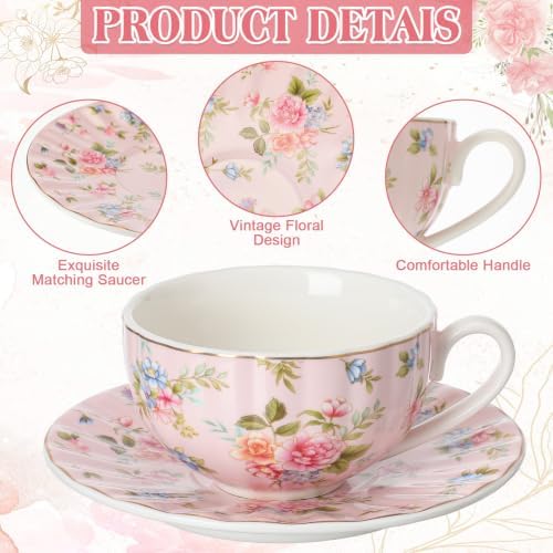 4 Set Tea Cups and Saucers, 6.7oz Ceramic Cup Set, Vintage Floral - Image 2