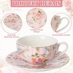 4 Set Tea Cups and Saucers, 6.7oz Ceramic Cup Set, Vintage Floral - Image 2