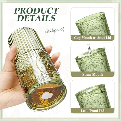 16 Set Vintage Tumbler with Lid and Straw, Iced Coffee Cup, Green - Image 3