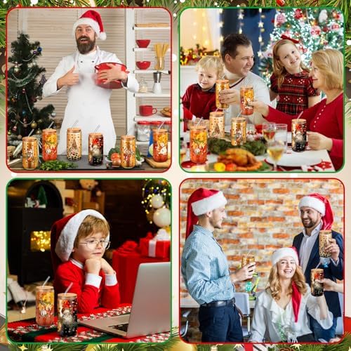 6 Set Christmas Glasses Cups with Bamboo Lid and Glass Straw 16 oz Vintage Christmas Drinking Cup Red Santa Beer Iced Coffee Cup Xmas Tumbler Mugs for Women Men Holiday Party Office Gifts - Image 4