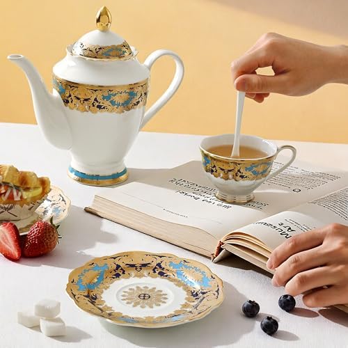 Luxury White & Gold Embossed Tea Cups and Saucers with Teapot, Sugar Bowl, & &Creamer, Vintage European Porcelain Coffee Set for Tea Party, Wedding, Gift (Turquoise&Gold, 17pcs/set) - Image 2