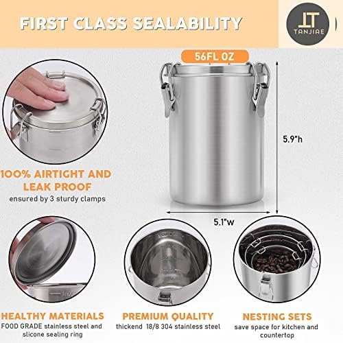 Tanjiae Stainless Steel Coffee Canister | 100% Airtight Metal Food Storage Container with Lid Sealed - Keep Coffee Beans, Sugar, Tea Fresh for Months (56 fl oz) - Image 2