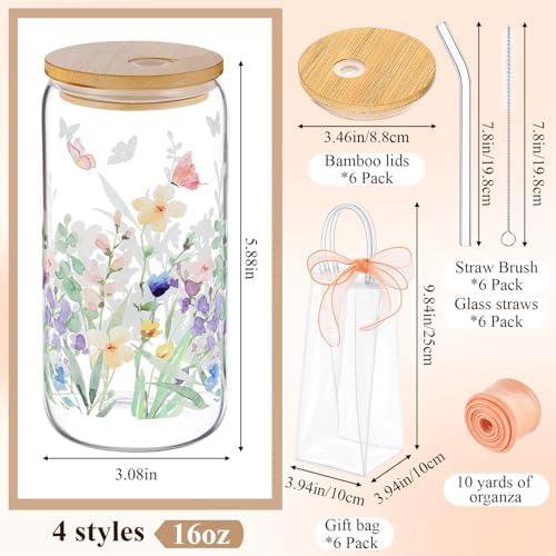 Mumufy 6 Sets Wildflower Cute Glass Cups with Lids and Straws Bulk, 16 Oz - Image 2
