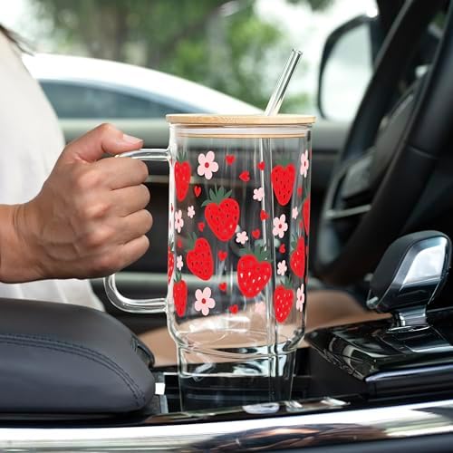Sip-Sip Hooray! Strawberry Floral 40oz Glass Tumbler with Handle, Lid and Straw, Cute Summer Iced Coffee Cup, Gift for Women, Berry Flower Aesthetic - Image 5